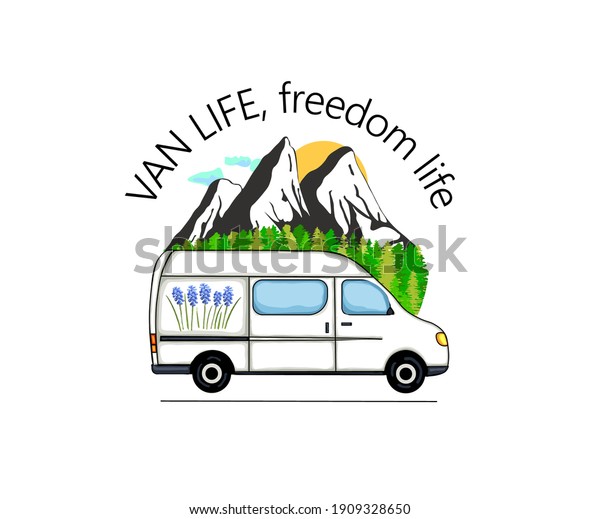 Camper van with forest and mountains in\
the background. Living van life, camping in the nature, travelling.\
Van life, freedom life. Illustration.\
