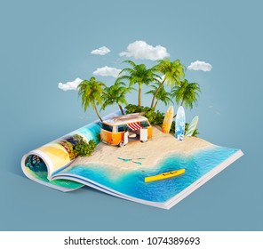 Camper van and surf boards on a sand beach of beautiful island on opened pages of magazine in summer day. Unusual 3d illustration. Travel and vacation concept - Powered by Shutterstock