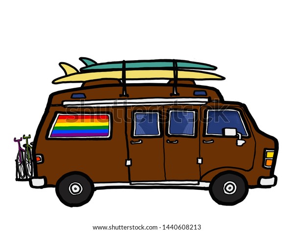 A camper van vehicle with surfboard and bicycles\
and gay pride rainbow symbol travel camping outdoor freedom\
lifestyle on vacation\
holiday.