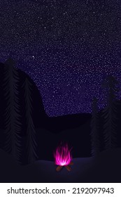 Campfire Pine Trees And Stars, Camping Art Illustration, Campfire Vibes, Campfire Wallpaper 