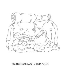 Camping backpack. High peak. Mountain landscape.Double exposure. Picture in picture.Continuous one line drawing. Lineart vector illustration.