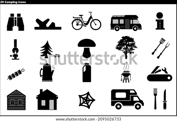 Camping black icons set, flat
style
