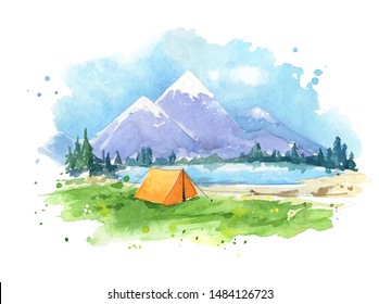 Camping by the lake, watercolor lanscape