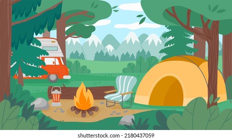 Camping Cartoon Forest. Tourist Campground With Campfire Cooking Pot Trailer And Summer Landscape.  Camp Scenery Illustration. Outdoor Nature Adventure Or Tourism In Summertime