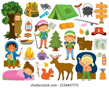 Camping Clipart Set. Summer Camp And Outdoors Collection With Kids, Camping Gear And Animals.