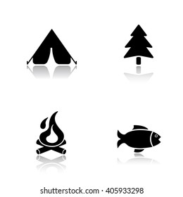 Camping Drop Shadow Icons Set. Camp Tent, Forest Tree Symbol, Campfire And Fishing Sign. Outdoor Recreation And Survival Pictograms. Cast Shadow Logo Concepts. Raster Black Silhouette Illustrations