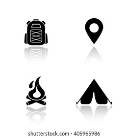 Camping Drop Shadow Icons Set. Hiking Backpack, Map Pin Mark, Campfire, Tourist Camp Tent. Outdoor Recreation And Travel Equipment. Cast Shadow Logo Concepts. Raster Black Silhouette Illustrations