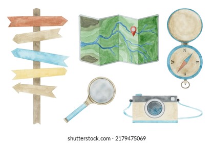 Camping Elements Watercolor Hand Drawn Illustration. Travel Clipart Elements Set Isolated On White Background. Road Sign, Travel Map, Compass, Magnifying Glass, Camera.