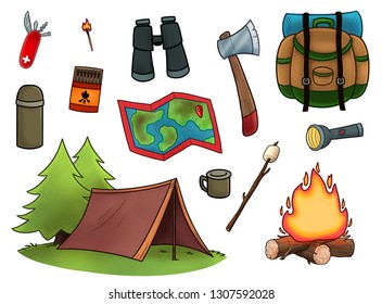 Cartoon Set Camping Hiking Objects Tourist Stock Vector (Royalty Free ...