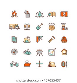 Camping And Hiking Flat Line Icons