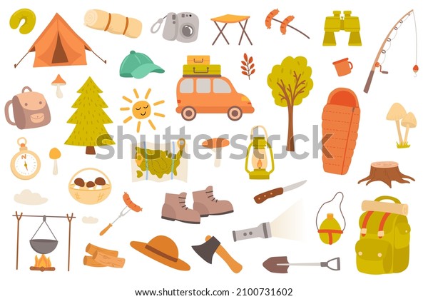 Camping and hiking isolated objects set.\
Collection of tent, car, forest, binoculars, fishing, map,\
mushroom, backpack, compass, tourism tools. Illustration of design\
elements in flat\
cartoon
