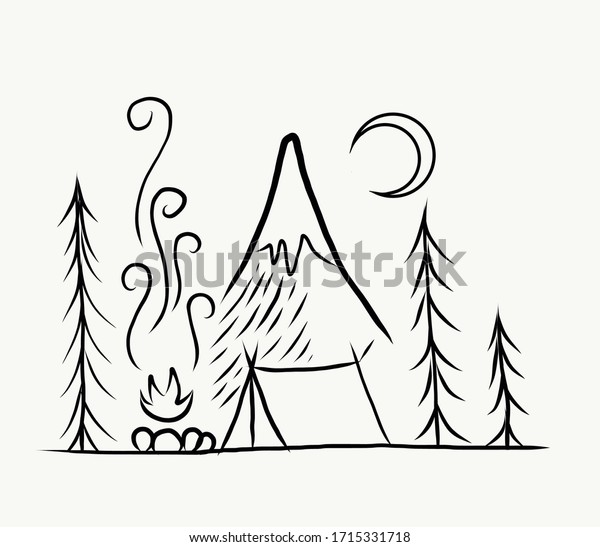 キャンプのイラスト 風景を描いた観光テント 木 火 テント 山 月 白黒のラインアート のイラスト素材 1715331718
