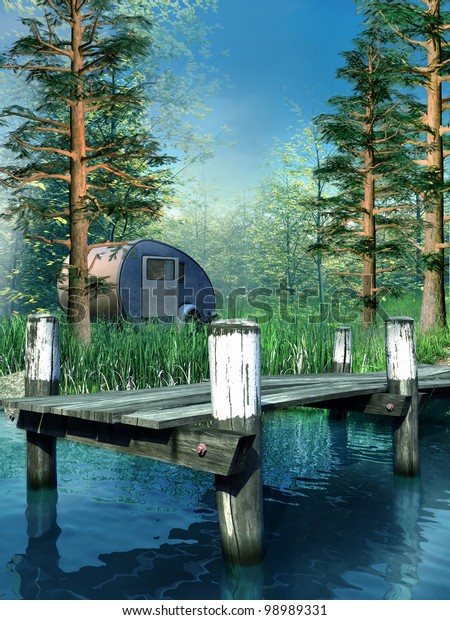 Camping place in the\
forest by the\
lake