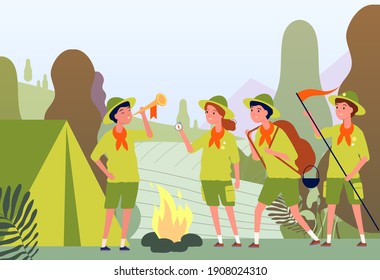 Camping Scouts. Campfire In Forest And Happy Kids In Uniform Sitting Outdoor Adventure Flat Concept