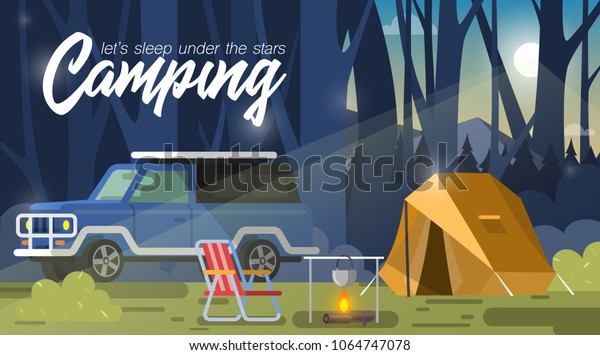 Camping,\
tent and bonfire in the evening in a flat\
style.