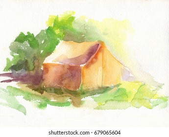 Camping Tent In Forest. Watercolor Landscape