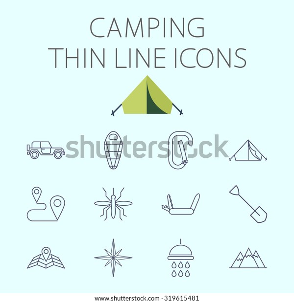 Camping\
thin line  icon for web and mobile applications. Set includes -\
offroad car, sleeping bag, carabiner, tent, mosquito, map pin,\
penknife, shovel, shower, wind rose,\
mountains.
