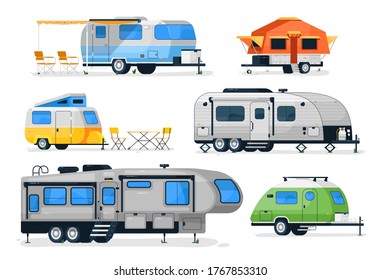 Camping Trailers And Rv Car. Motorhome, Camper Caravan And House Truck Icon Isolated On White Background. Recreation Vehicle With Camping Van Side View. Travel Car For Outdoor Vacation Set