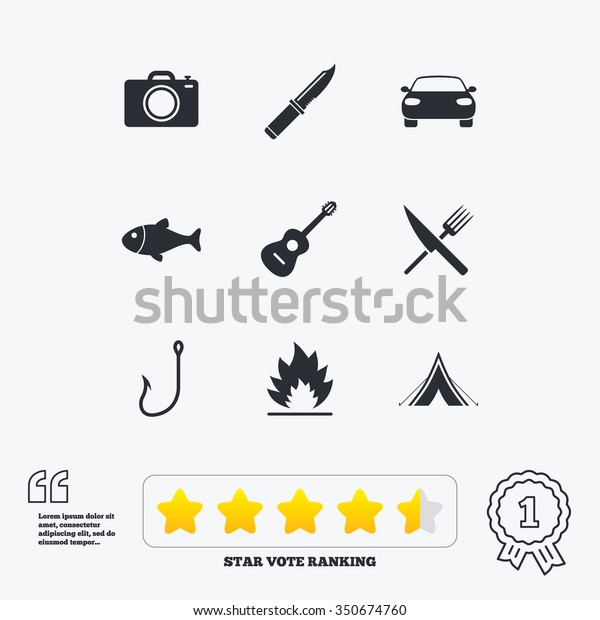 Camping travel icons. Fishing, campfire and\
tourist tent signs. Guitar music, fork and knife symbols. Star vote\
ranking. Award achievement and\
quotes.