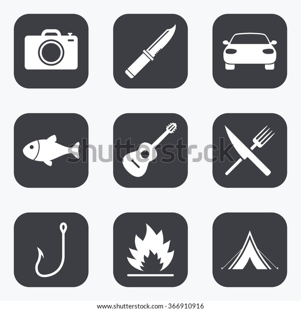 Camping travel icons. Fishing, campfire and\
tourist tent signs. Guitar music, fork and knife symbols. Flat\
square buttons with rounded\
corners.