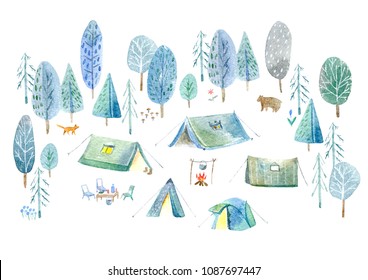 Camping in the woods.Tent, trees, bonfire, plants,fox,bear and floral.Landscape tourism.Watercolor hand drawn illustration.White background.