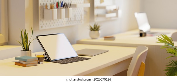 Campus Dorm, Co- Working Space In Bedroom, Tablet Blank Screen Mockup In Modern Minimal Workspace, Blur Worktable In Background, 3d Rendering, 3d Illustration