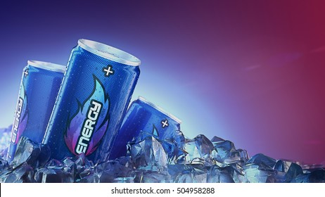 Can of Energy drink pass through Ice Cubes. 3d rendering