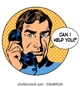 Can i help you man phone question online support business concept. Pop art retro style