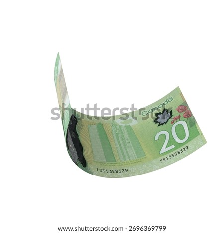 Canada 20 Dollar Falling Monetary Value, High quality currency banknote for finance, education, 3D modeling, stock. References and global monetary identity and value.