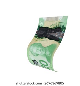 Canada 20 Dollar Falling Note Money, High quality currency banknote for finance, education, 3D modeling, stock. References and global monetary identity and value.
