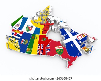 Canada 3d Map With Provinces Flags