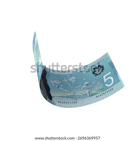Canada 5 Dollar Falling Monetary Value, High quality currency banknote for finance, education, 3D modeling, stock. References and global monetary identity and value.