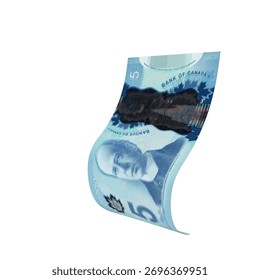 Canada 5 Dollar Falling Note Money, High quality currency banknote for finance, education, 3D modeling, stock. References and global monetary identity and value.
