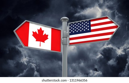 Canada and America flag moving in different direction. 3D Rendering
