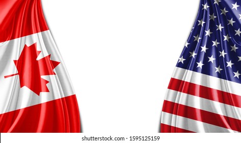 Canada and American flag of silk with copyspace for your text or images and white background -3D illustration