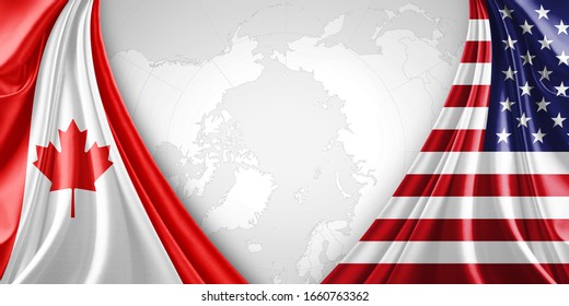 
Canada and American flag of silk with copyspace for your text or images and world map background-3D illustration
