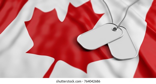 Canada Army Concept, Blank Identification Tags On Waving Canada Flag Background. 3d Illustration