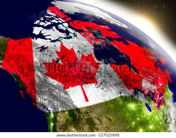 日の出の間 惑星の表面に埋め込まれた国旗を持つカナダ 極めて詳細なリアルな地球面と都市のライトを備えた3dイラスト この画像のエレメントはnasaが提供します のイラスト素材