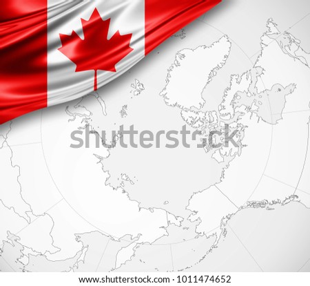 Canada flag of silk  and world map background-3D illustration
