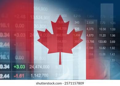 Canada flag with stock market finance, economy trend graph digital technology.