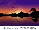 Canada geese are seen during migration flying in a V-formation over a mountain lake at sunset or sunrise in a 3-d illustration. 