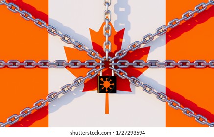 Canada lockdown concept. Including with Canada flag, chain, Key lock and coronavirus. Lockdown were issued in the COVID-19 pandemic. Resulted in an economic crisis i.e. travel and shopping. 3d render.