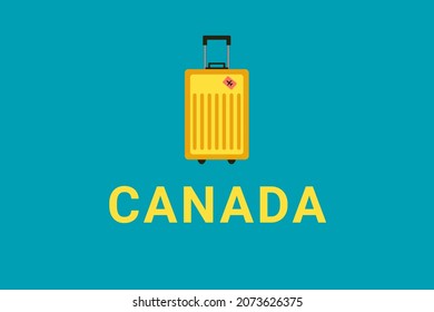 Canada  logo. Canada  tourism. Trip to city  Ottawa, in Canada . Travel bag on turquoise background. It symbolizes rest, vacation