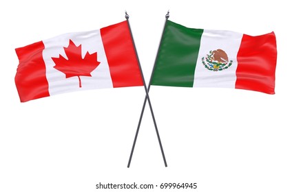 Canada and Mexico, two crossed flags isolated on white background. 3d image