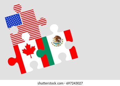 Canada, Mexico And US Flag Puzzle Pieces, Conceptual Image For Nafta Agreement