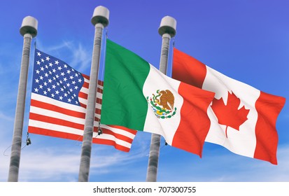 Canada, Mexico And US Flags Over Blue Sky, Conceptual Image For Nafta Agreement (3D Rendered Image)