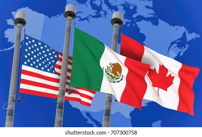 Canada, Mexico And US Flags Over North America Map, Conceptual Image For Nafta Agreement (3D Rendered Image)