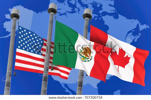 北米の地図のカナダ メキシコ 米国の国旗 Nafta契約のコンセプト画像 3dレンダリング画像 のイラスト素材