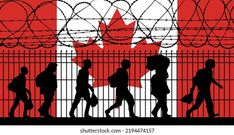 Canada - MIGRANT CRISIS Foreign Citizen Entry To The Country. Refugees Near Barbed Wire Fence. NORTHERN AMERICA. Concept Illustration.