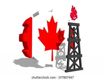 Canada National Flag On Gear And 3d Gas Rig Model Near